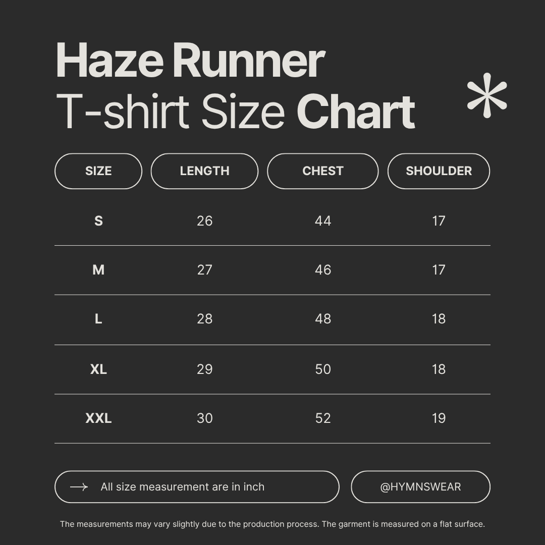 Size chart for HAZE RUNNER