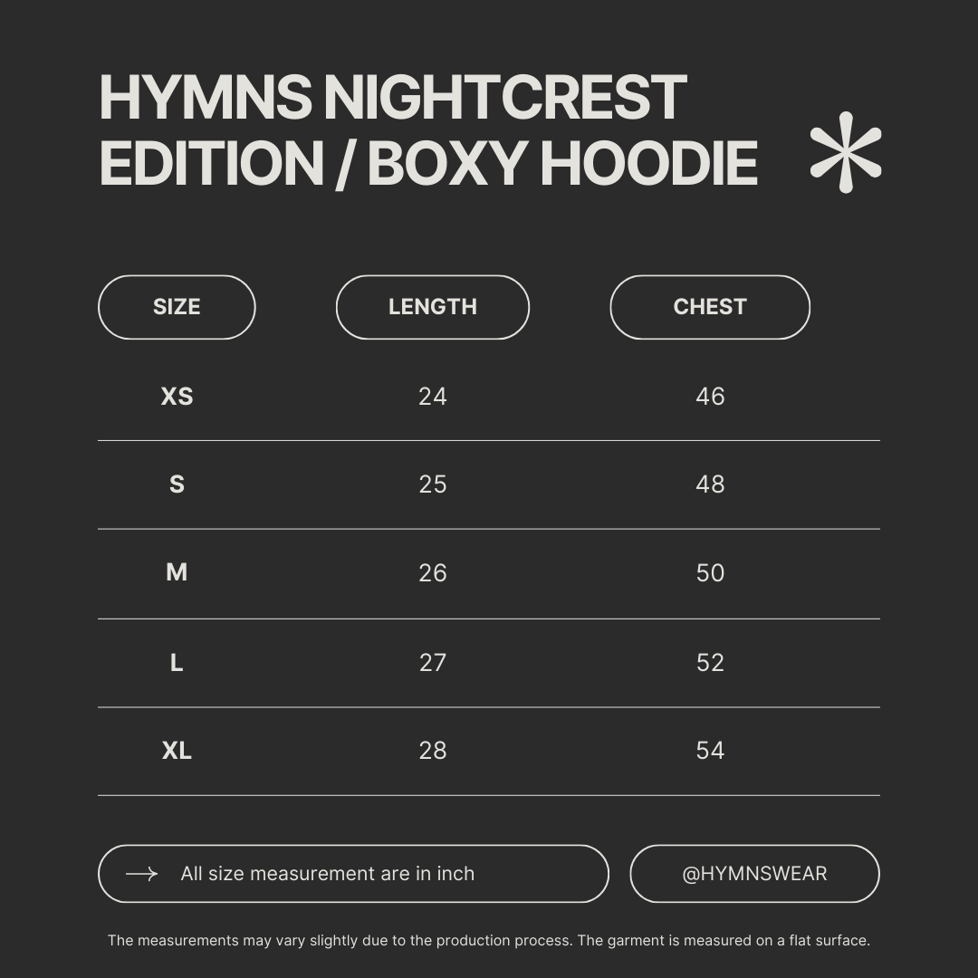 Size chart for HYMNS NIGHTCREST EDITION