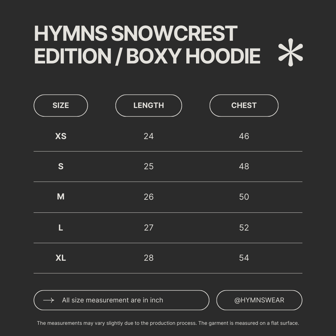 Size chart for HYMNS SNOWCREST EDITION