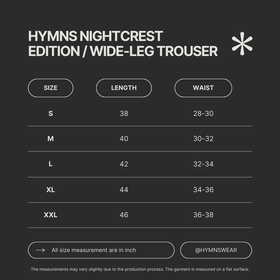 Size chart for HYMNS NIGHTCREST EDITION