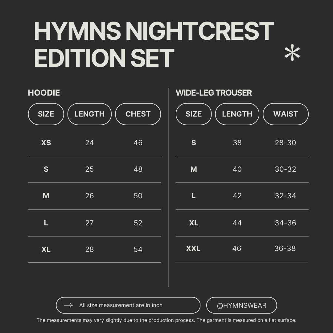 Size chart for HYMNS NIGHTCREST EDITION SET