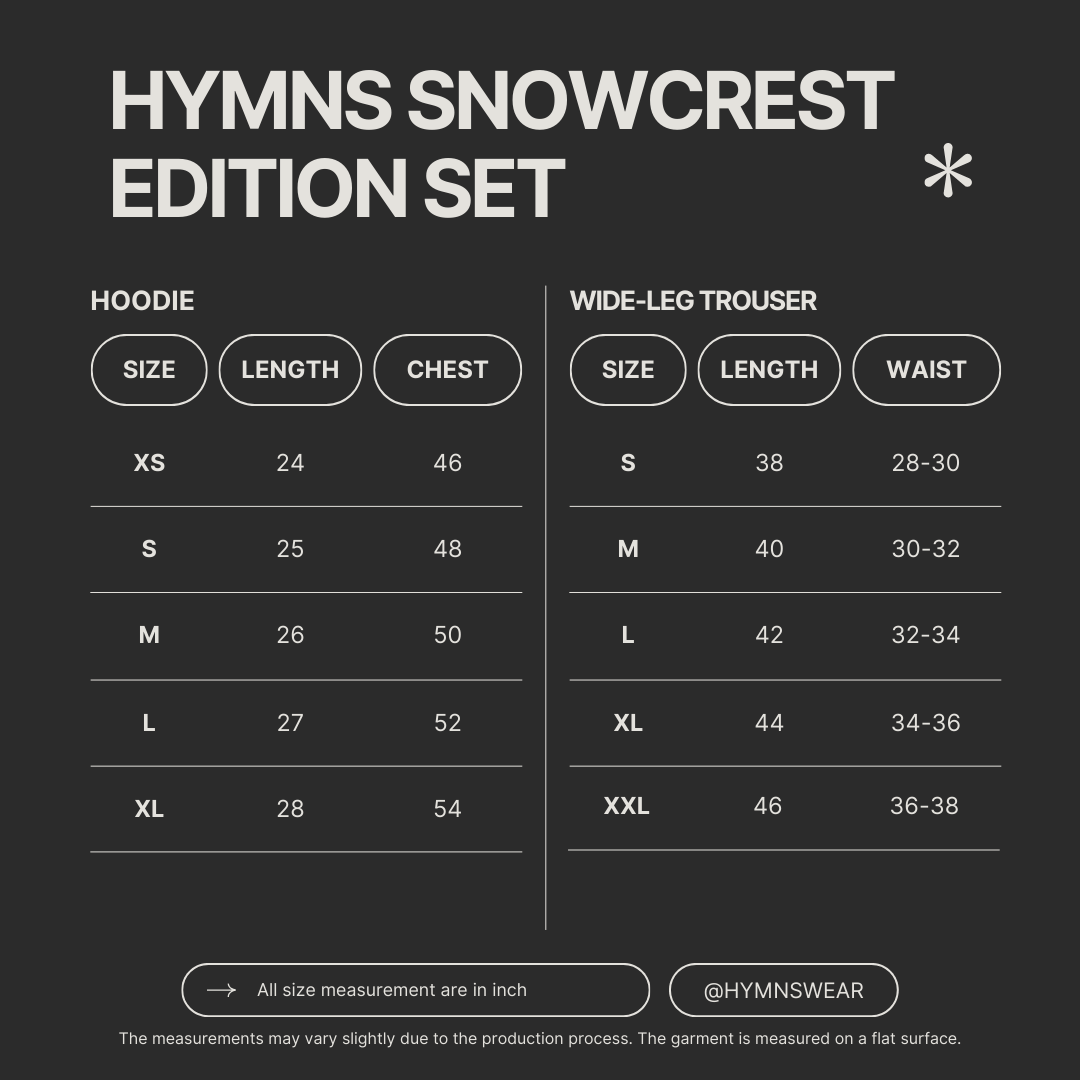 Size chart for HYMNS SNOWCREST EDITION SET