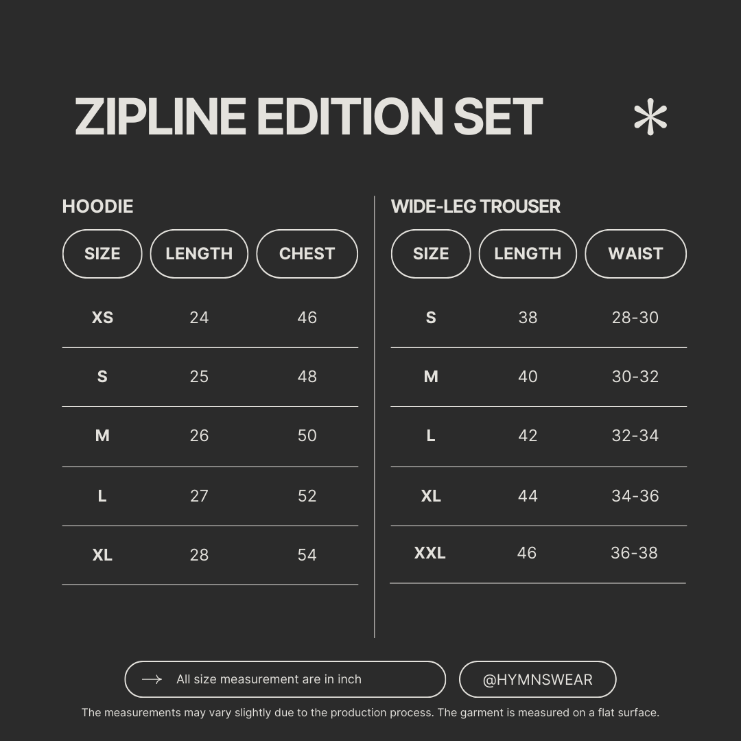 Size chart for Zipline Edition SET