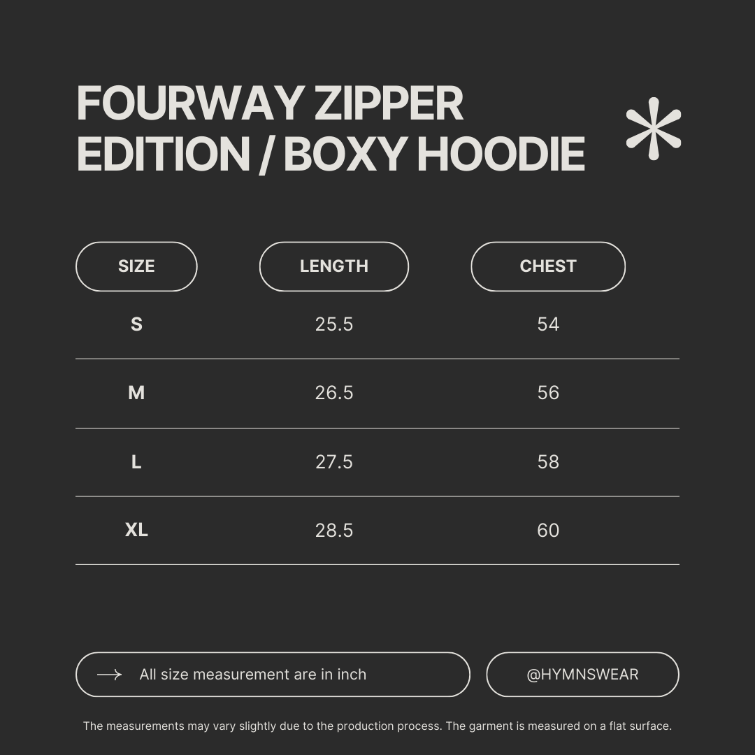 Size chart for FOURWAY ZIPPER EDITION