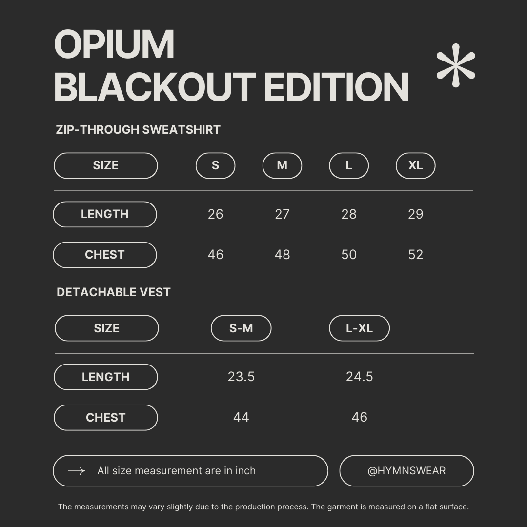 Size chart for OPIUM BLACKOUT EDITION