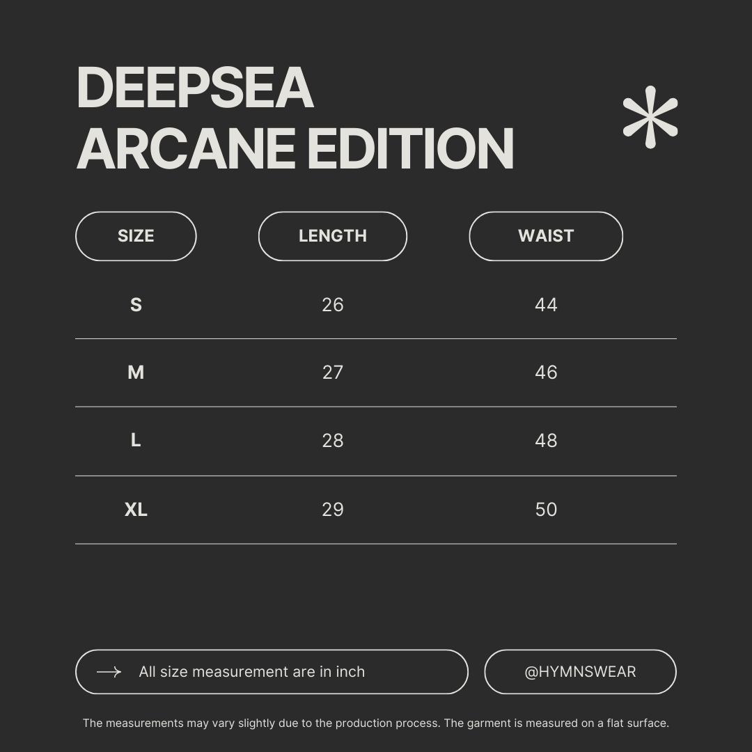 Size chart for DEEPSEA ARCANE EDITION