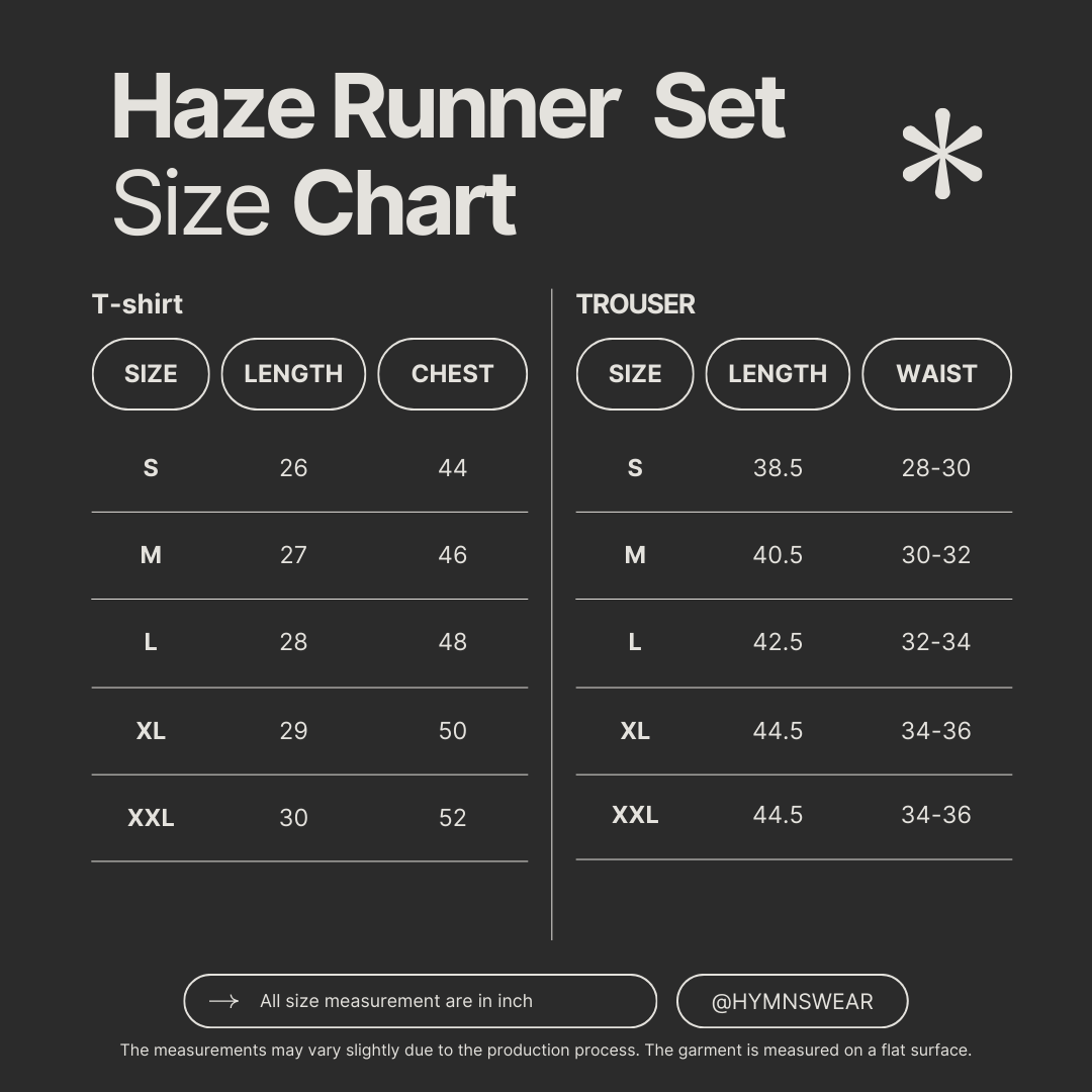 Size chart for Haze Runner Edition
