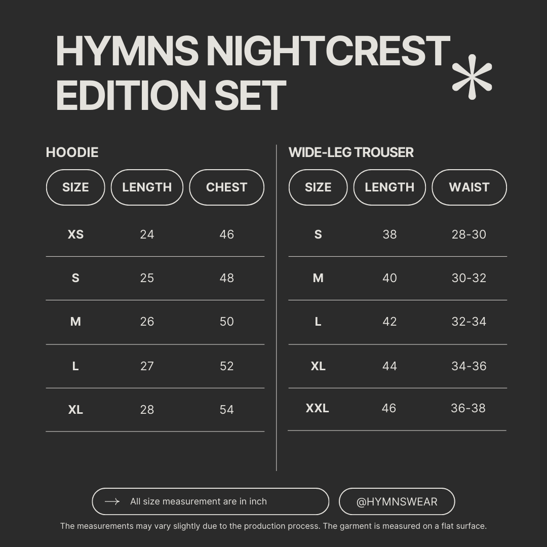 Size chart for HYMNS NIGHTCREST EDITION SET
