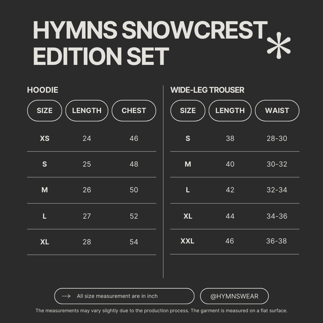 Size chart for HYMNS SNOWCREST EDITION SET