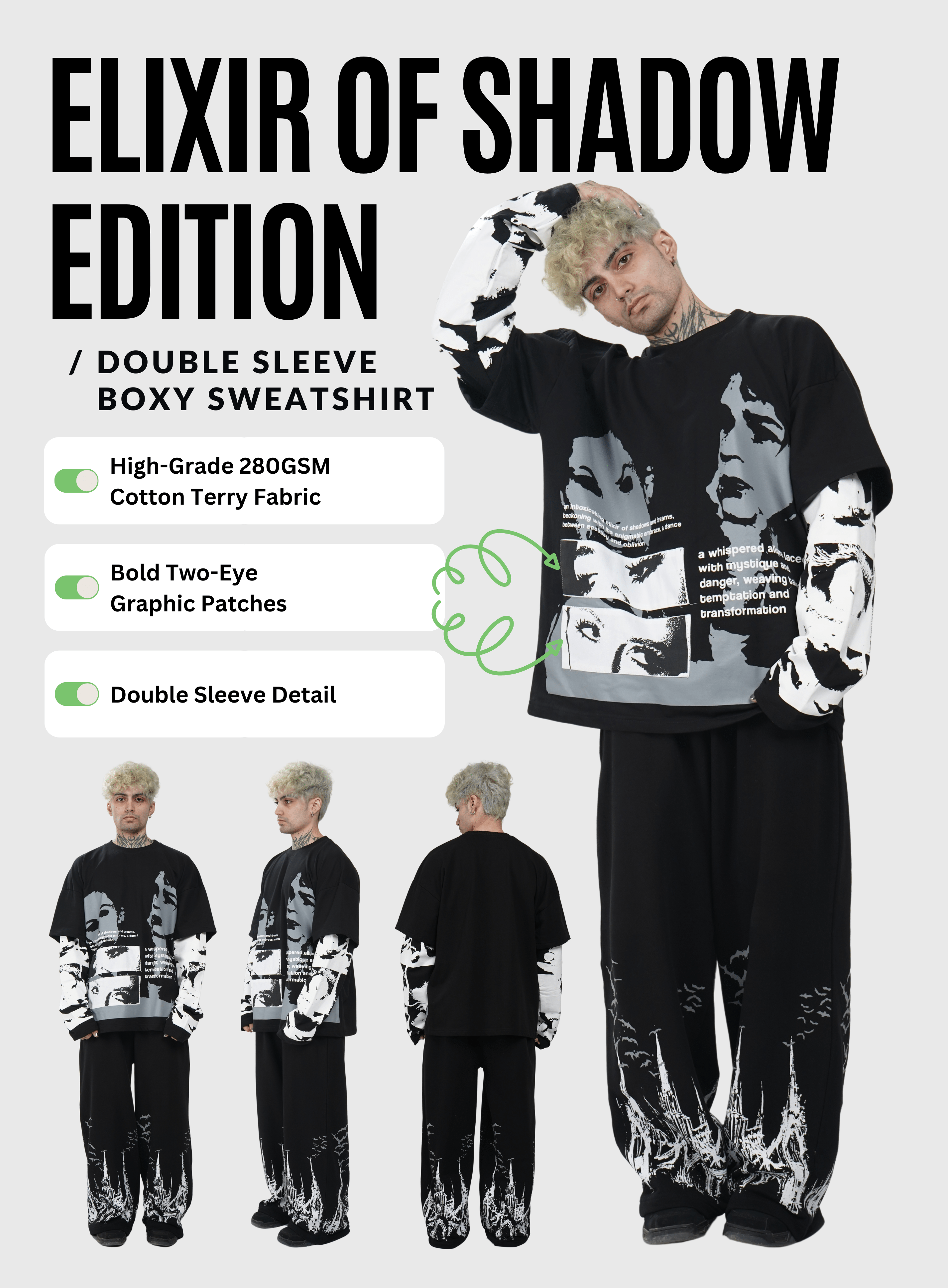 ELIXIR OF SHADOW EDITION / BOXY DOUBLE SLEEVE SWEATSHIRT - Hymns Wear